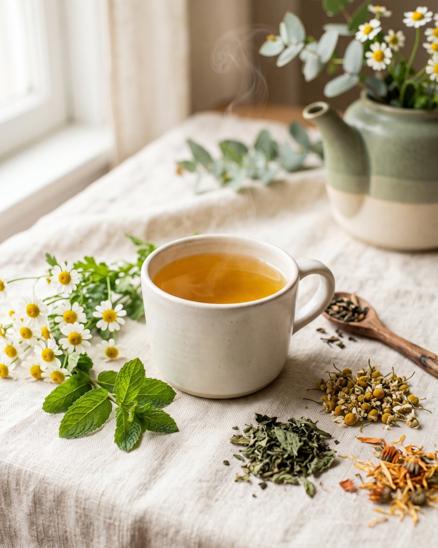 A warm cup of golden herbal tea surrounded by fresh chamomile, mint and dried botanicals on a cream table